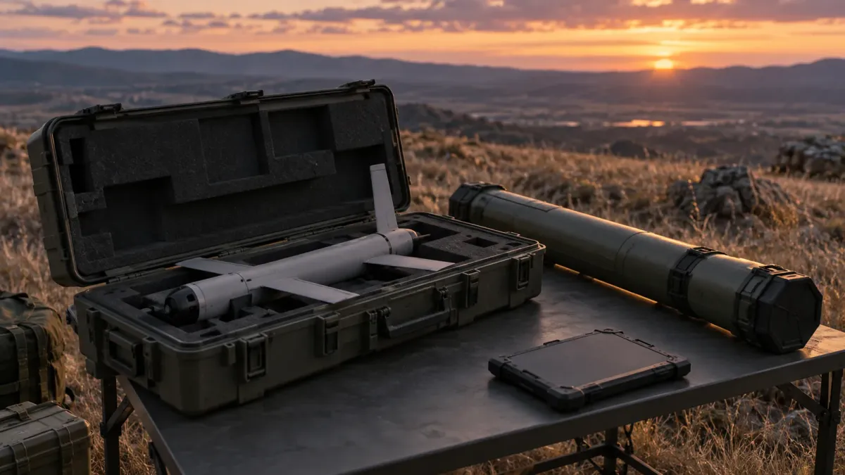 Generic tube-launched loitering munition in an open carrying case on a folding table at the edge of a grass field