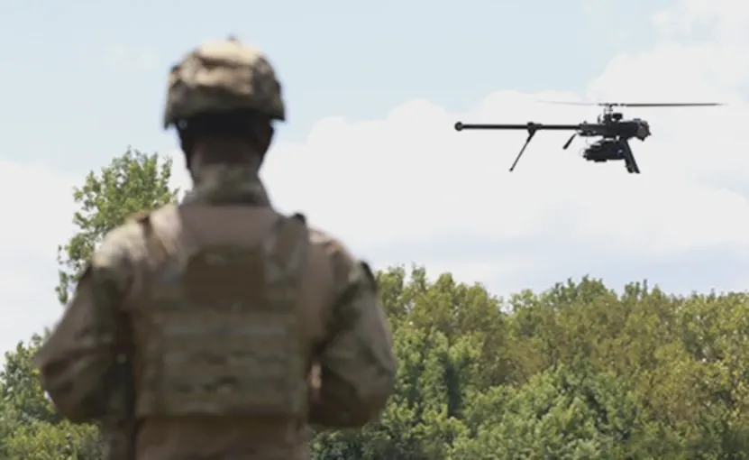 AeroVironment VAPOR CLE compact electric VTOL drone in flight during US Army reconnaissance exercise