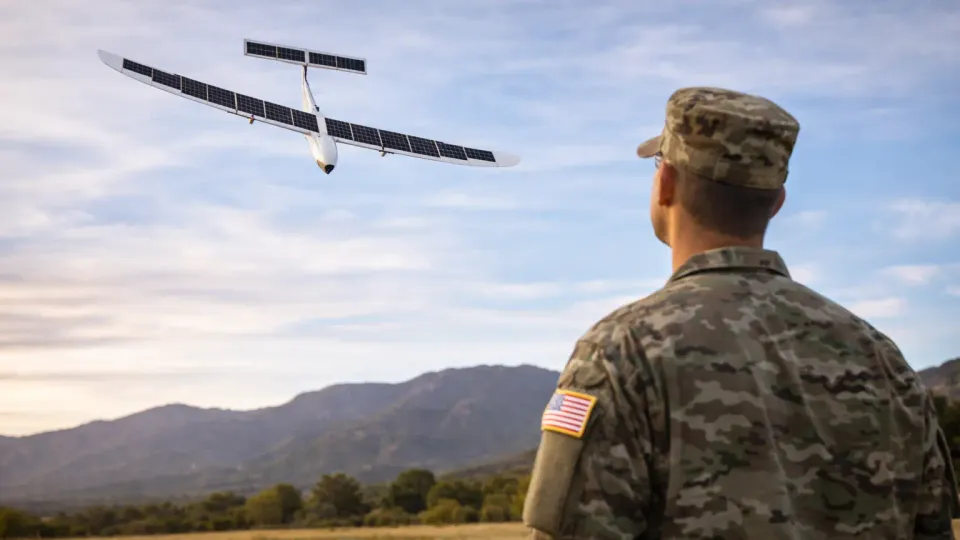 A K1000ULE solar-powered drone being prepared for flight at Fort Carson by a two-person Army crew