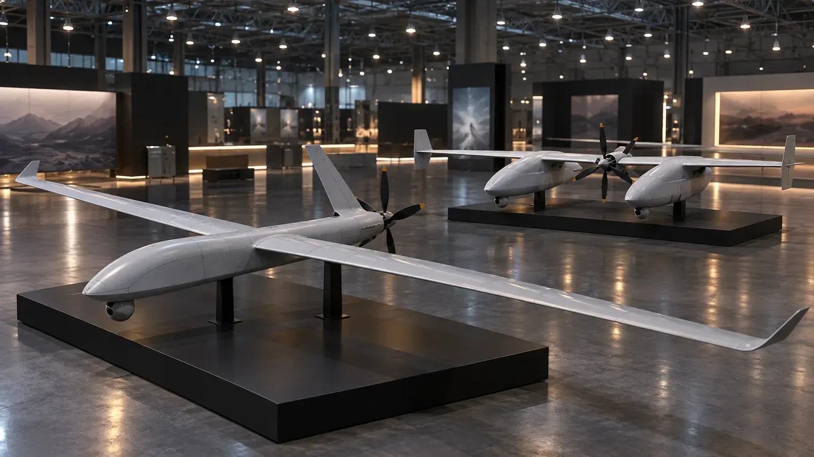 Two generic long-wing turboprop drones on display stands in a large exhibition hall, one with a single fuselage and one with twin hulls
