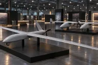 Two generic long-wing turboprop drones on display stands in a large exhibition hall, one with a single fuselage and one with twin hulls