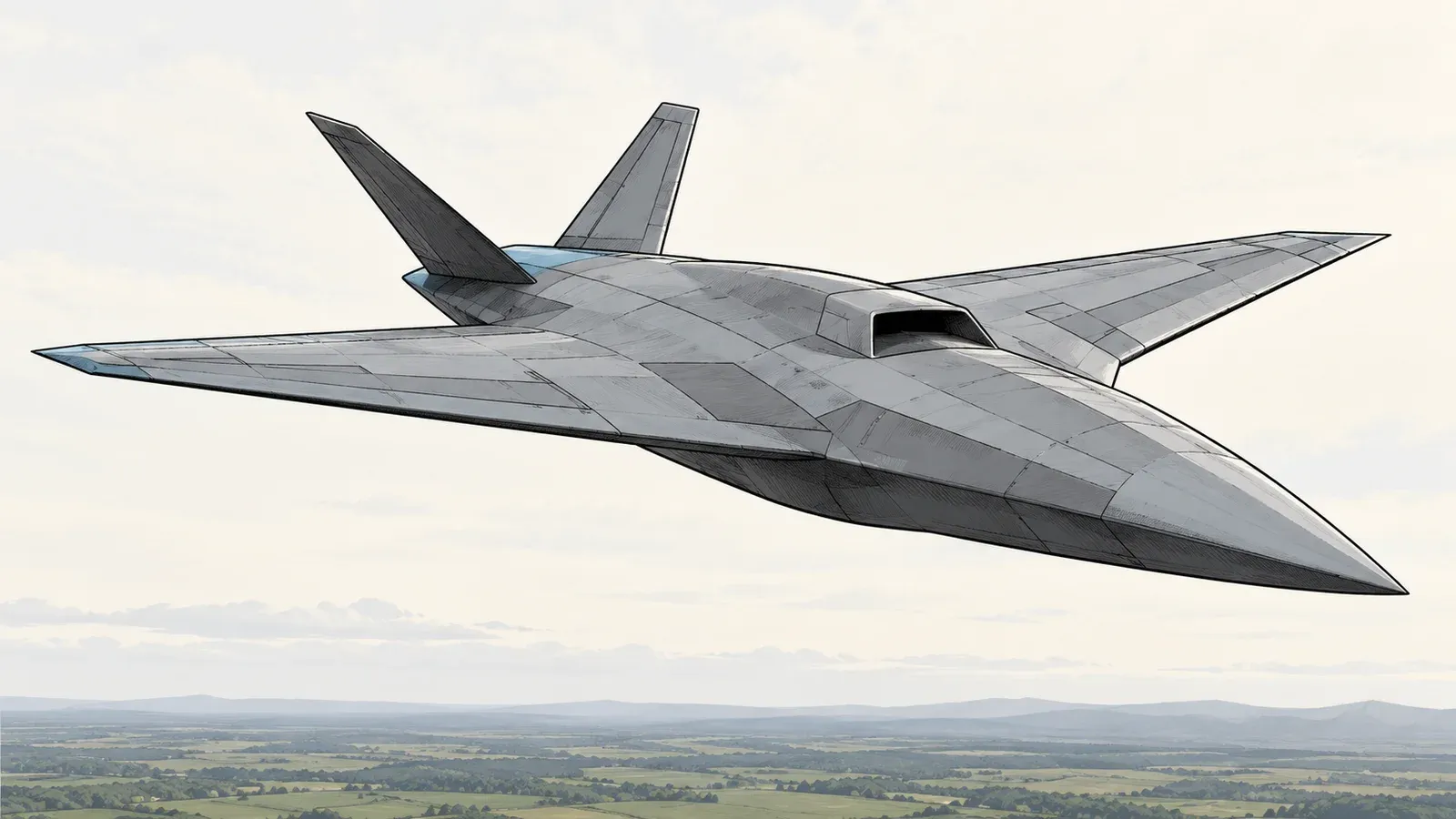 Illustration of a grey uncrewed jet with a V-shaped tail and no cockpit canopy flying over pale green land under a pale sky