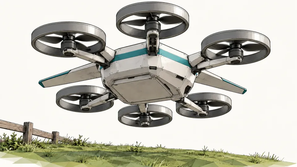 Illustration of a generic delivery drone with six ducted propellers hovering over a faceted lawn beside a low wooden fence, on an off-white background