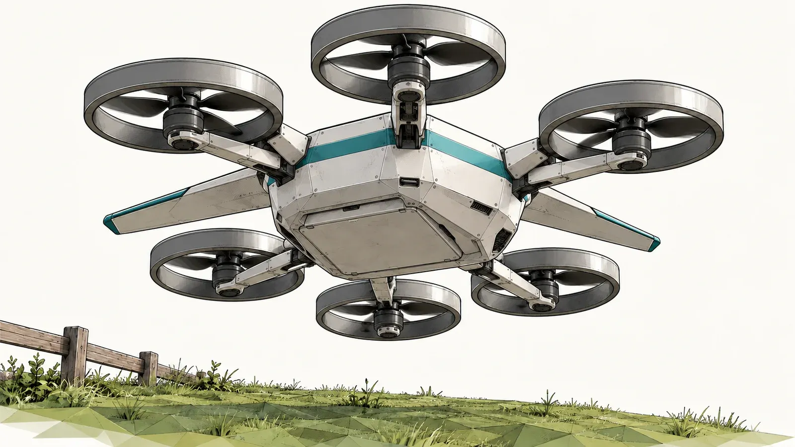 Illustration of a generic delivery drone with six ducted propellers hovering over a faceted lawn beside a low wooden fence, on an off-white background