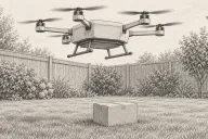 Graphite line drawing of a boxy delivery drone hovering above a suburban back garden with a package on the grass below