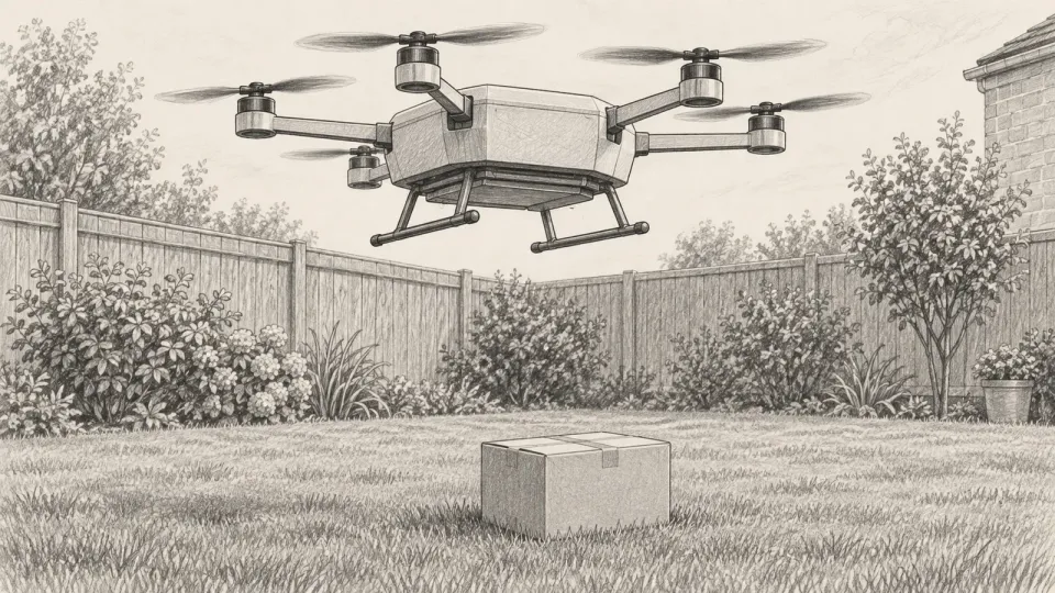 Graphite line drawing of a boxy delivery drone hovering above a suburban back garden with a package on the grass below