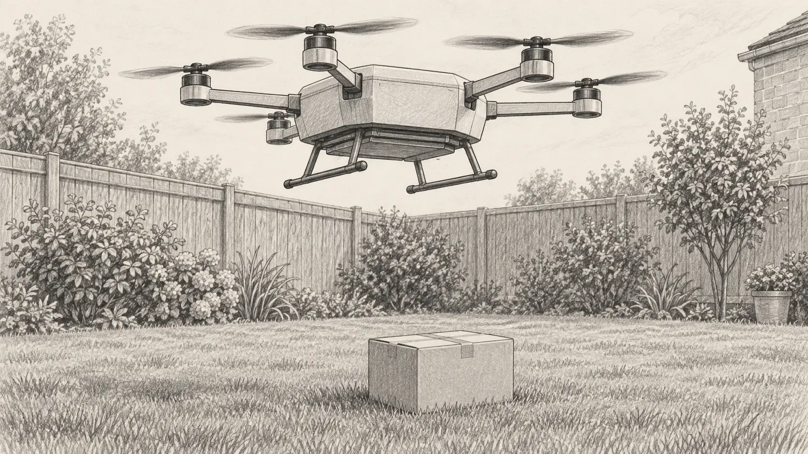 Graphite line drawing of a boxy delivery drone hovering above a suburban back garden with a package on the grass below