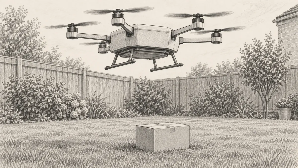 Graphite line drawing of a boxy delivery drone hovering above a suburban back garden with a package on the grass below