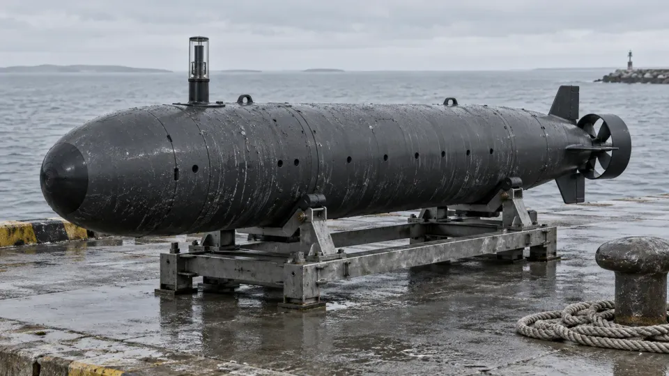 Generic torpedo-shaped autonomous underwater vehicle resting on a cradle on a quayside, with cross-form tail fins and a short transparent mast