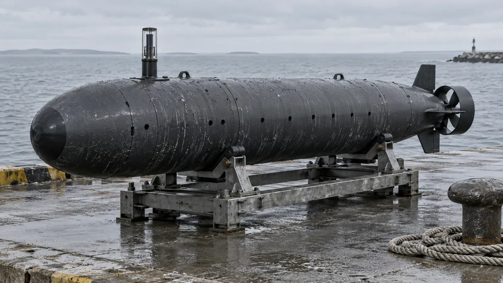 Generic torpedo-shaped autonomous underwater vehicle resting on a cradle on a quayside, with cross-form tail fins and a short transparent mast