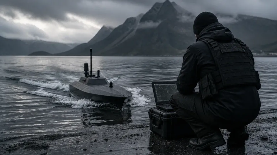 An operator in dark clothing kneels with a laptop on a rocky shore as a small uncrewed surface vessel pulls away across a fjord