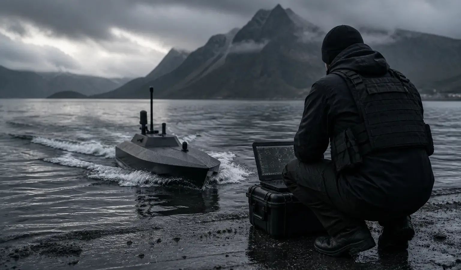 An operator in dark clothing kneels with a laptop on a rocky shore as a small uncrewed surface vessel pulls away across a fjord