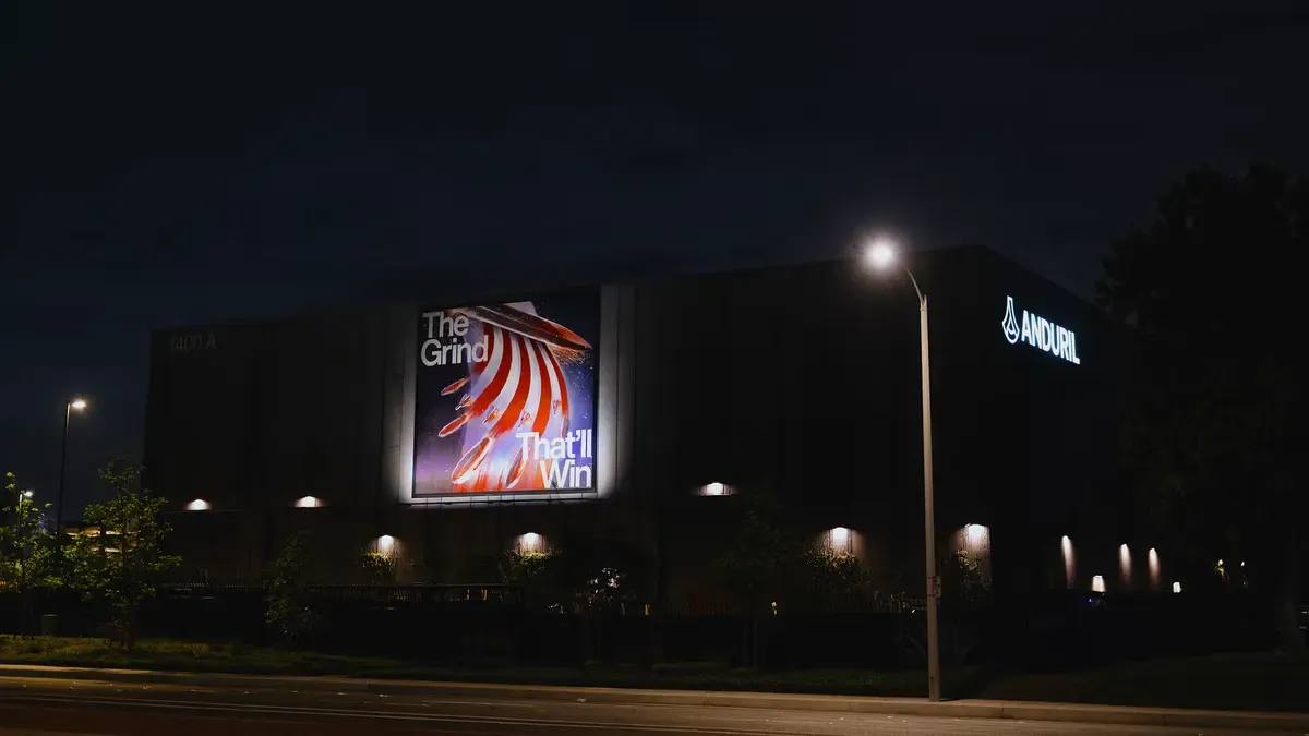 Anduril Industries headquarters building in Costa Mesa California at night with street lights