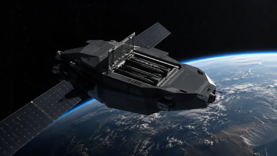 Illustration of a generic satellite with an open payload bay in orbit above the Earth