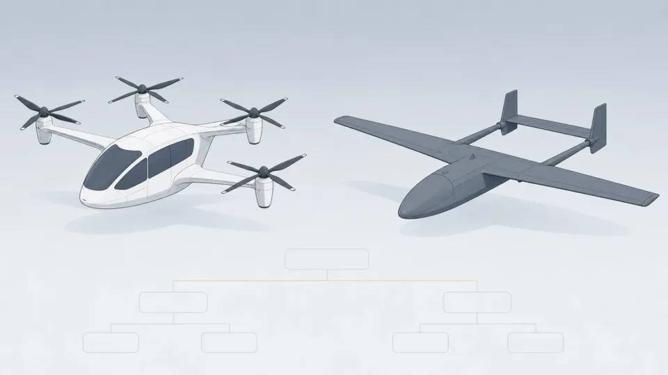 Illustration of an electric vertical takeoff aircraft and a fixed-wing uncrewed aircraft above a corporate ownership diagram