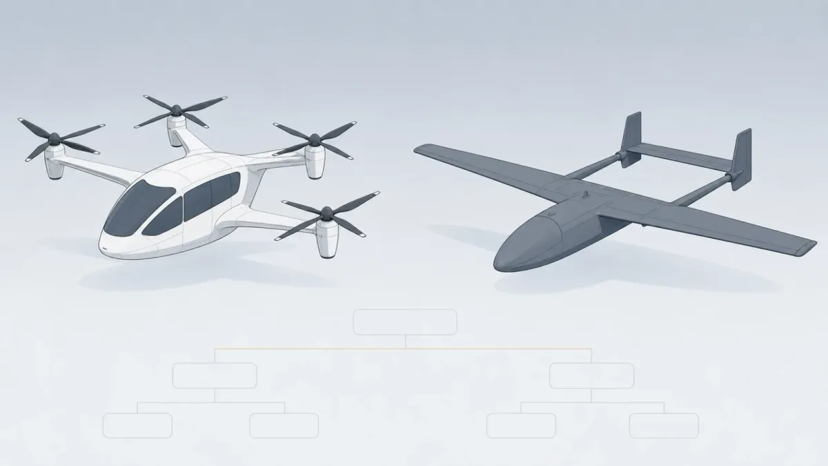 Illustration of an electric vertical takeoff aircraft and a fixed-wing uncrewed aircraft above a corporate ownership diagram