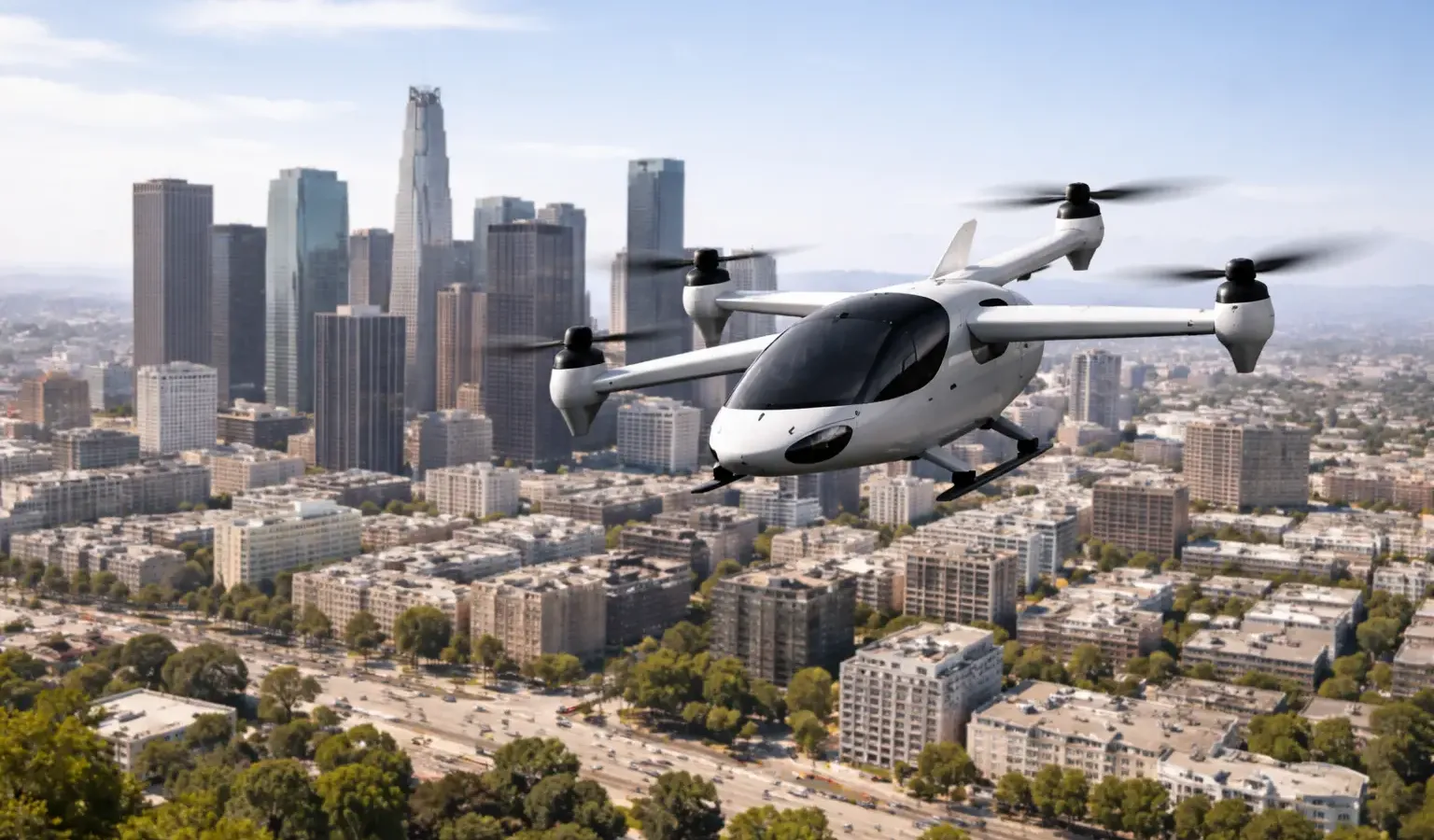 Illustration of a generic white electric air taxi flying over a downtown skyline