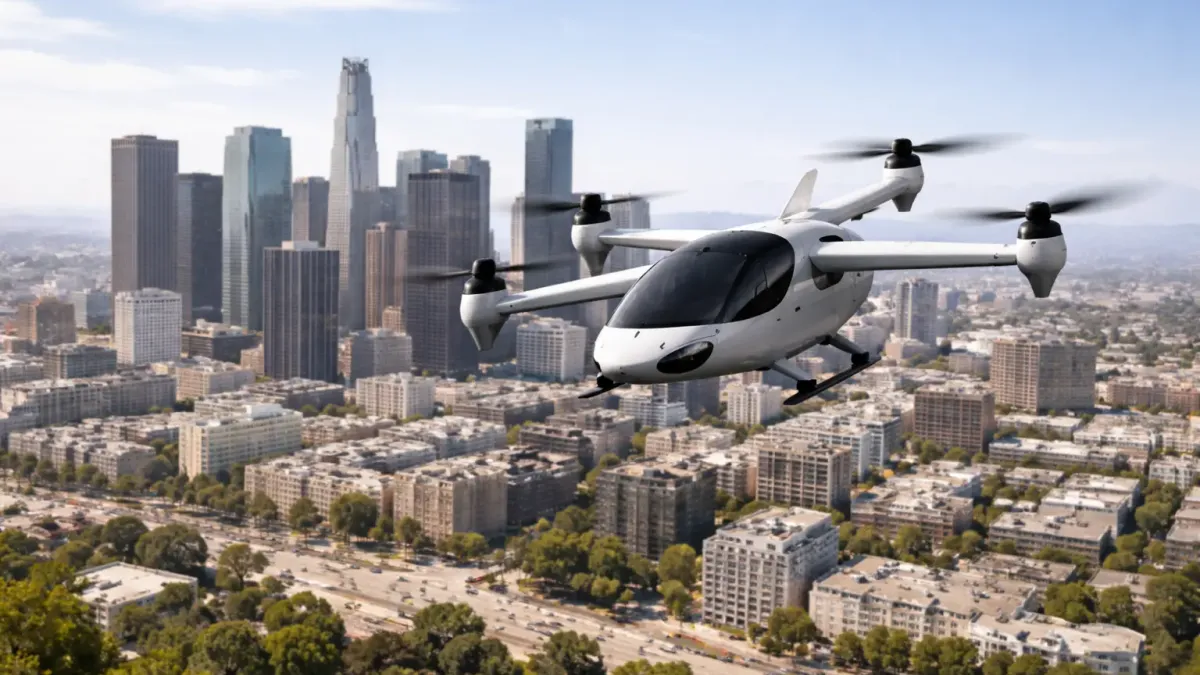 Illustration of a generic white electric air taxi flying over a downtown skyline