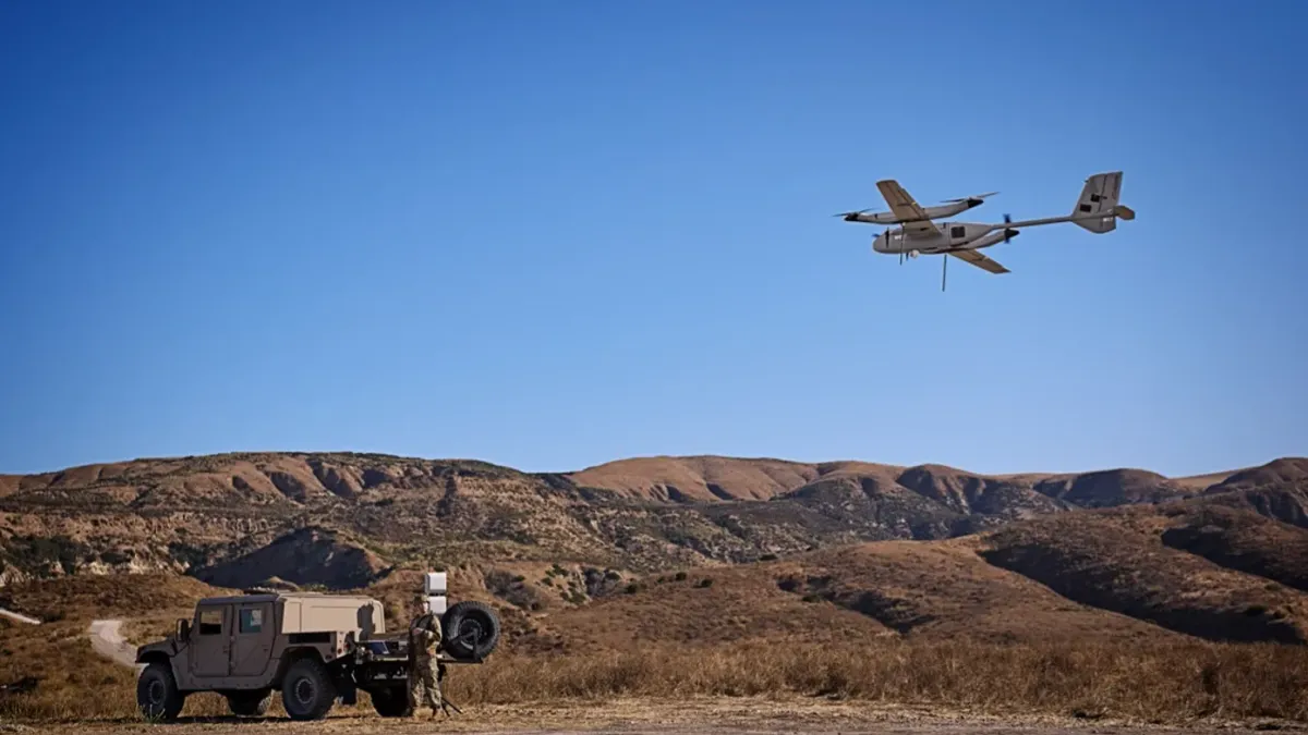 AeroVironment P550 long-range reconnaissance drone in flight during military trials