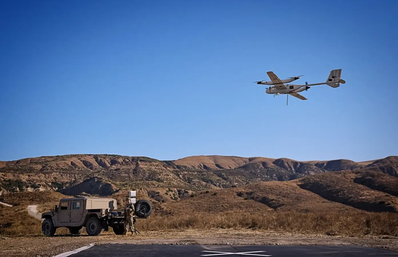 AeroVironment P550 long-range reconnaissance drone in flight during military trials