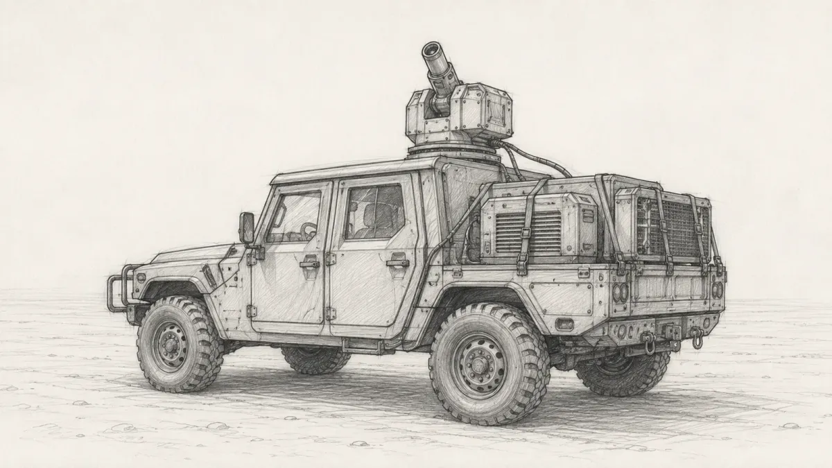 Line drawing of a laser turret mounted on the roof of a four-door tactical wheeled vehicle, its aperture raised toward the sky, with a generator and cooling unit on the rear bed