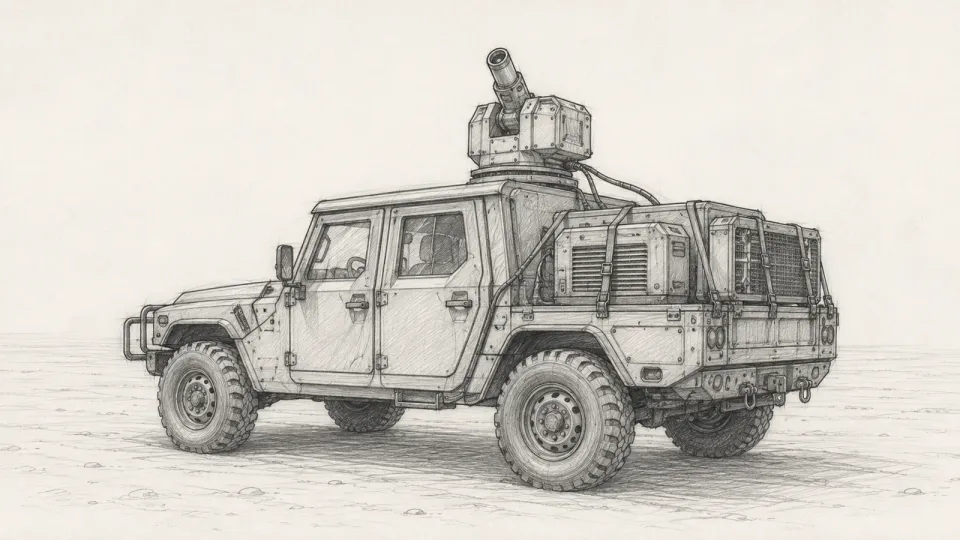 Line drawing of a laser turret mounted on the roof of a four-door tactical wheeled vehicle, its aperture raised toward the sky, with a generator and cooling unit on the rear bed