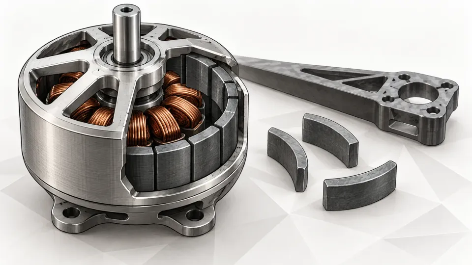 Illustration of a small brushless drone motor with its casing cut away to show a ring of curved magnets and copper windings, beside loose magnet segments and a bare drone arm on a white background