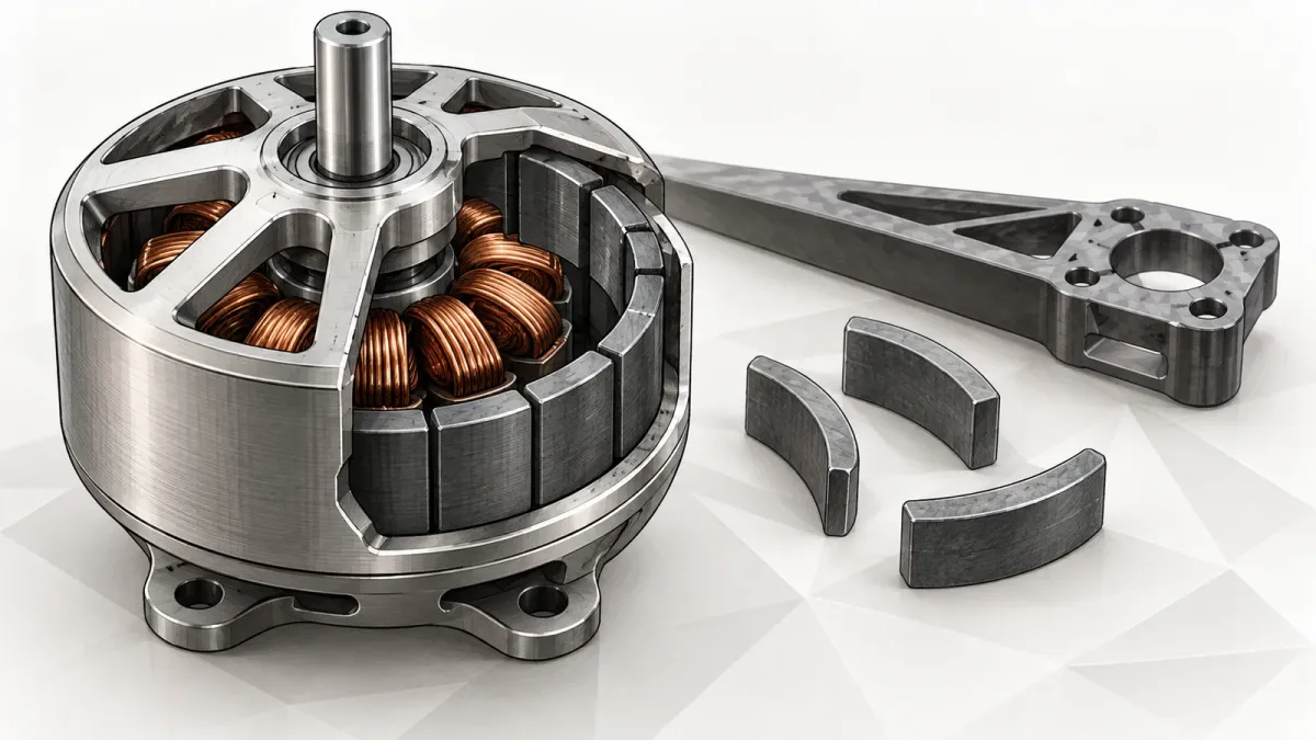 Illustration of a small brushless drone motor with its casing cut away to show a ring of curved magnets and copper windings, beside loose magnet segments and a bare drone arm on a white background