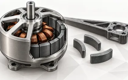 Illustration of a small brushless drone motor with its casing cut away to show a ring of curved magnets and copper windings, beside loose magnet segments and a bare drone arm on a white background