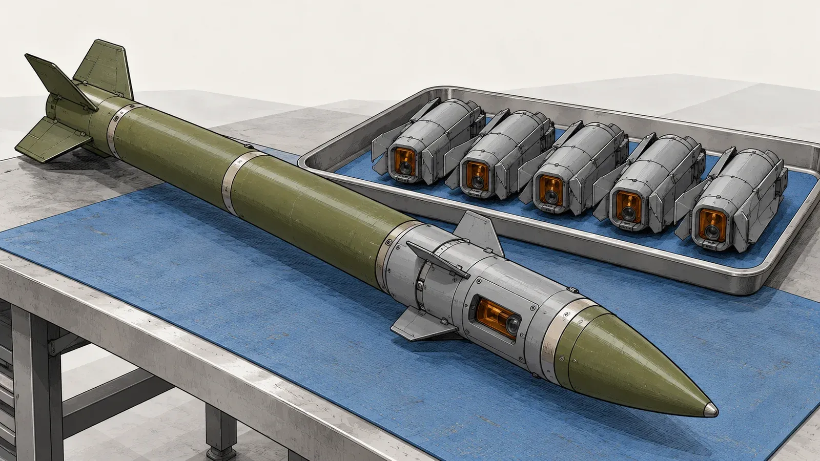Illustration of a generic olive-drab guided rocket with a grey guidance section and small fins on a blue workbench mat beside five spare guidance sections