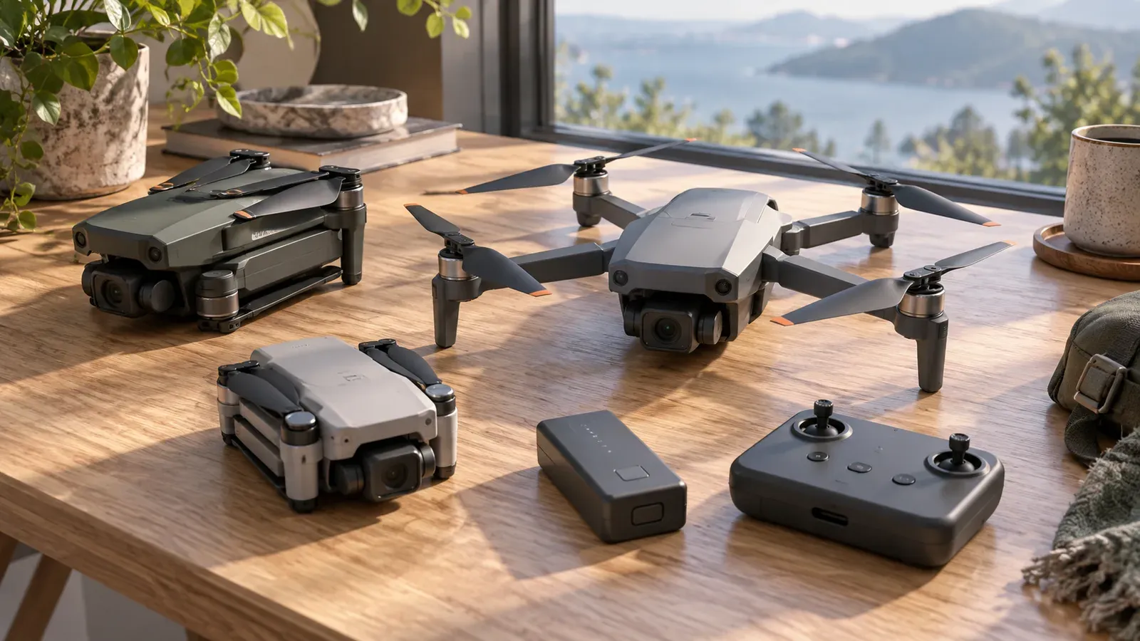 Three generic folding consumer camera drones of different sizes on a wooden table by a window