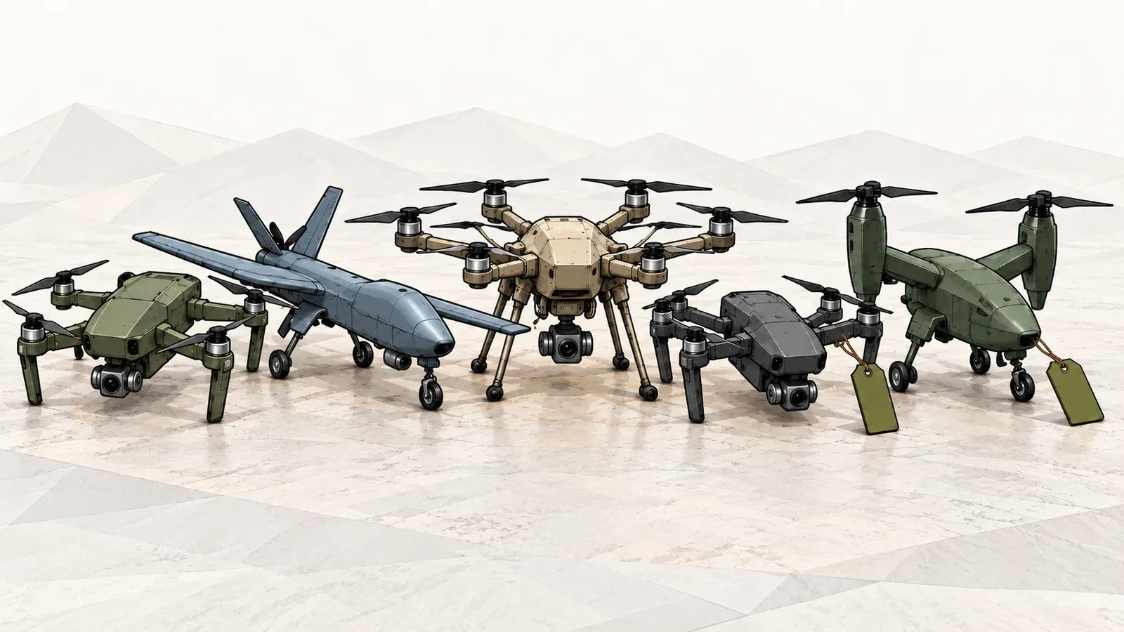 Illustration of five small military drones in a compact row on a pale floor, in olive, blue-grey, sand, charcoal and green, with a green tag on each of the last two