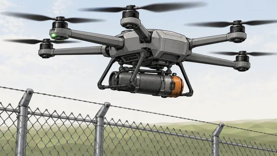 Illustration of a grey interceptor drone with an orange-capped net canister beneath it, hovering above a chain-link perimeter fence and faceted green ground