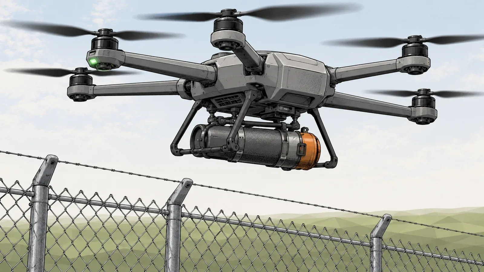 Illustration of a grey interceptor drone with an orange-capped net canister beneath it, hovering above a chain-link perimeter fence and faceted green ground