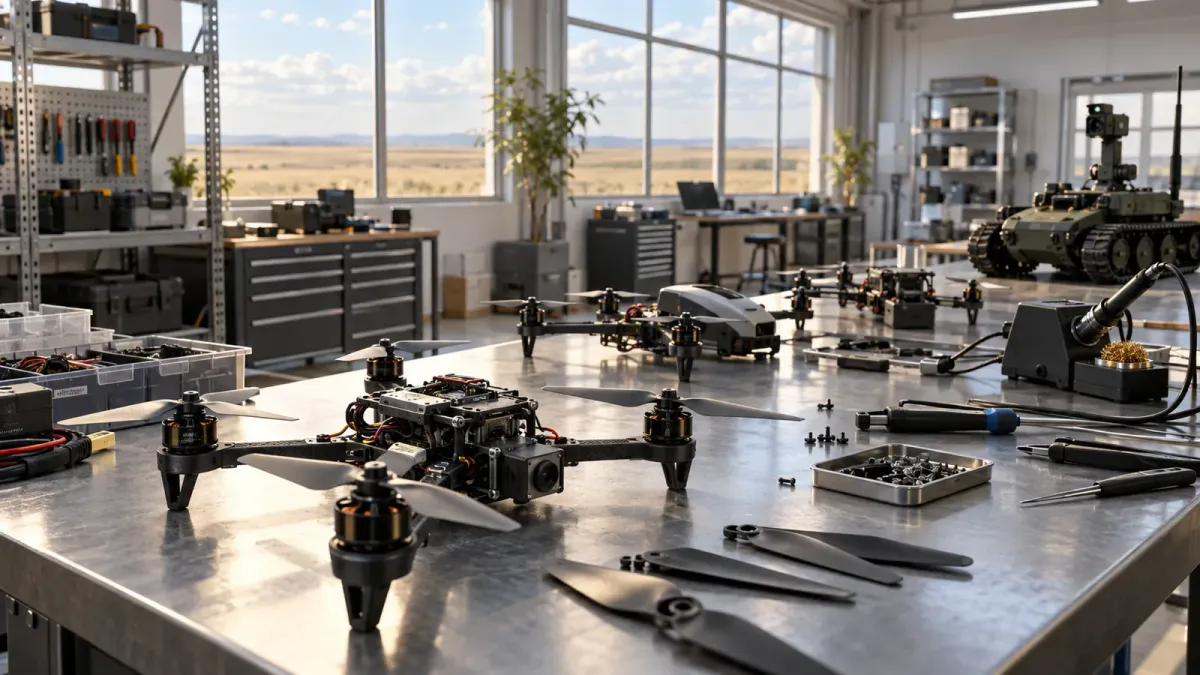 Generic small quadcopters and a tracked ground robot on a workshop bench in a bright industrial hall, with wide windows onto flat prairie