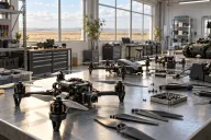 Generic small quadcopters and a tracked ground robot on a workshop bench in a bright industrial hall, with wide windows onto flat prairie