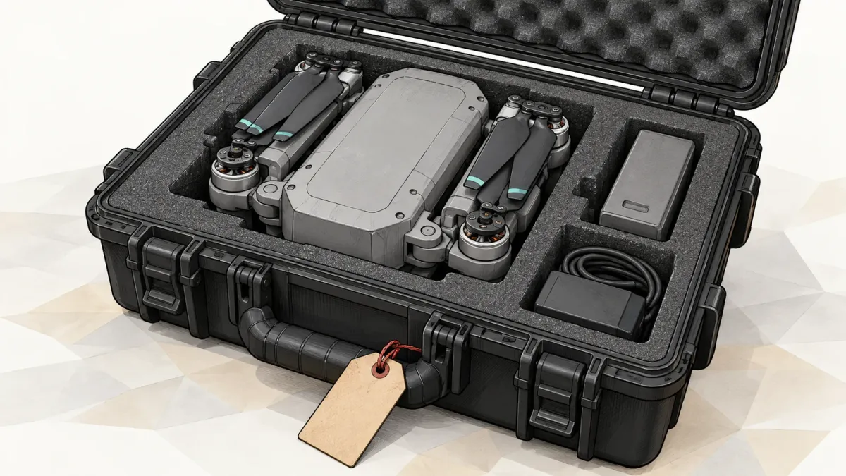 Illustration of a generic grey quadcopter with folded arms in the grey foam of an open black transport case, with a blank buff shipping tag tied to its handle with red string