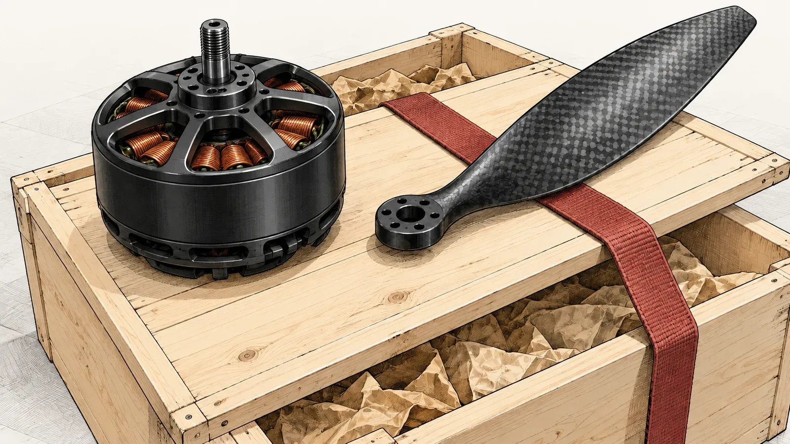 Illustration of a large black brushless drone motor and a long carbon-fibre propeller blade resting on an open wooden shipping crate on an off-white ground