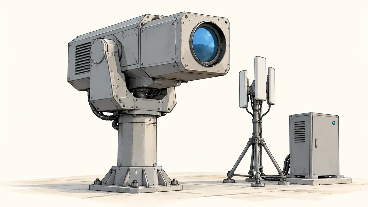 Illustration of a boxy grey counter-drone laser turret on a short mast beside a small antenna array, on an empty concrete pad