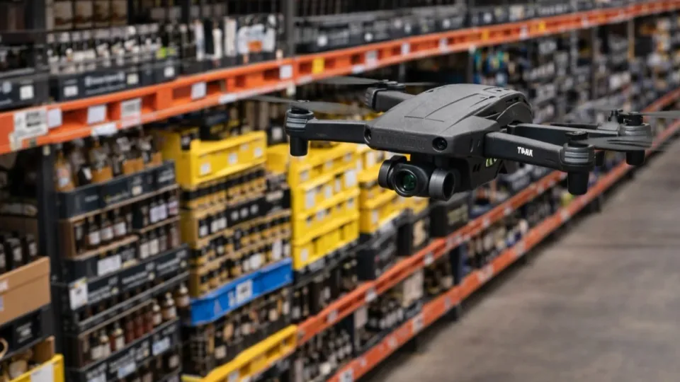 Corvus One autonomous drone flying through a warehouse aisle scanning inventory shelves