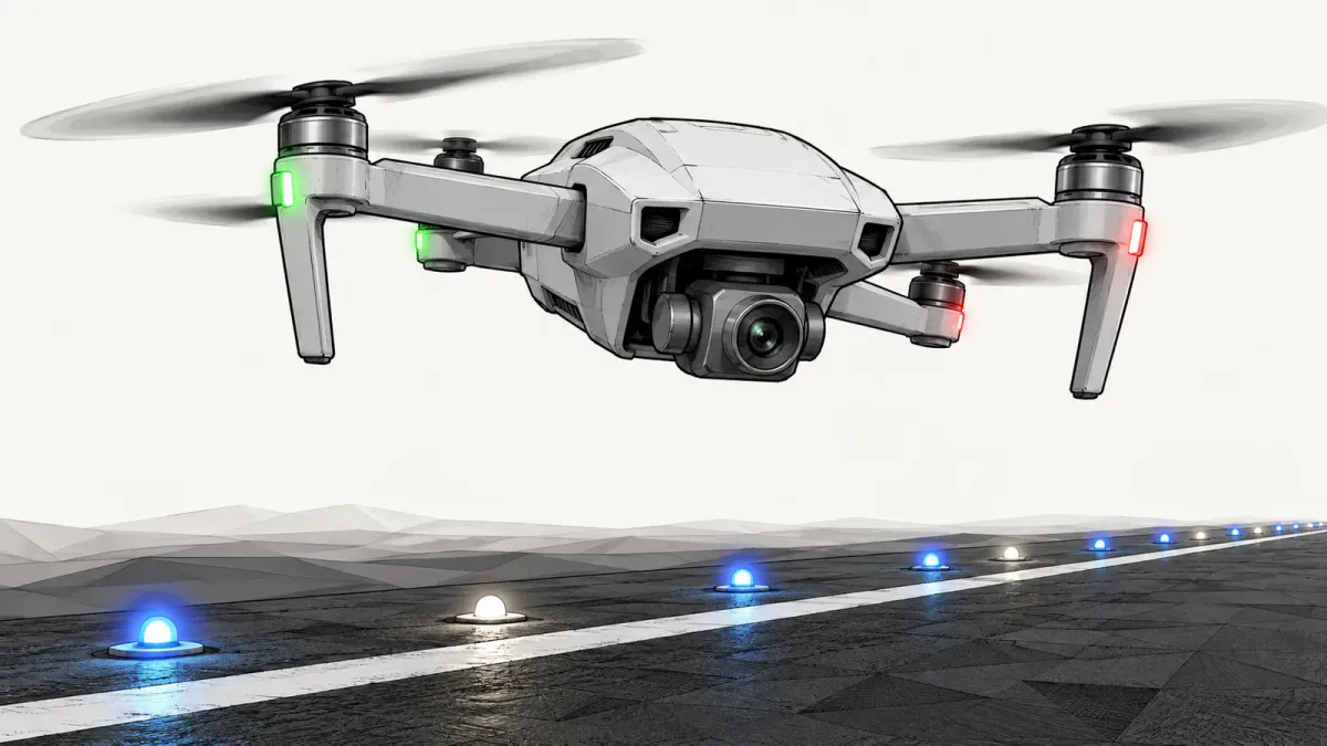 Illustration of a small generic quadcopter hovering at night above a runway edge lined with blue and white lights, on an off-white background