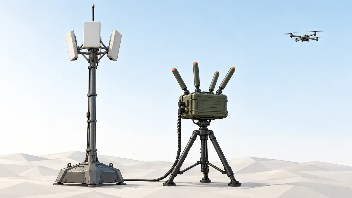 Illustration of a generic radio sensor mast and a tripod-mounted counter-drone unit side by side, with a small quadcopter in the sky, on an off-white background