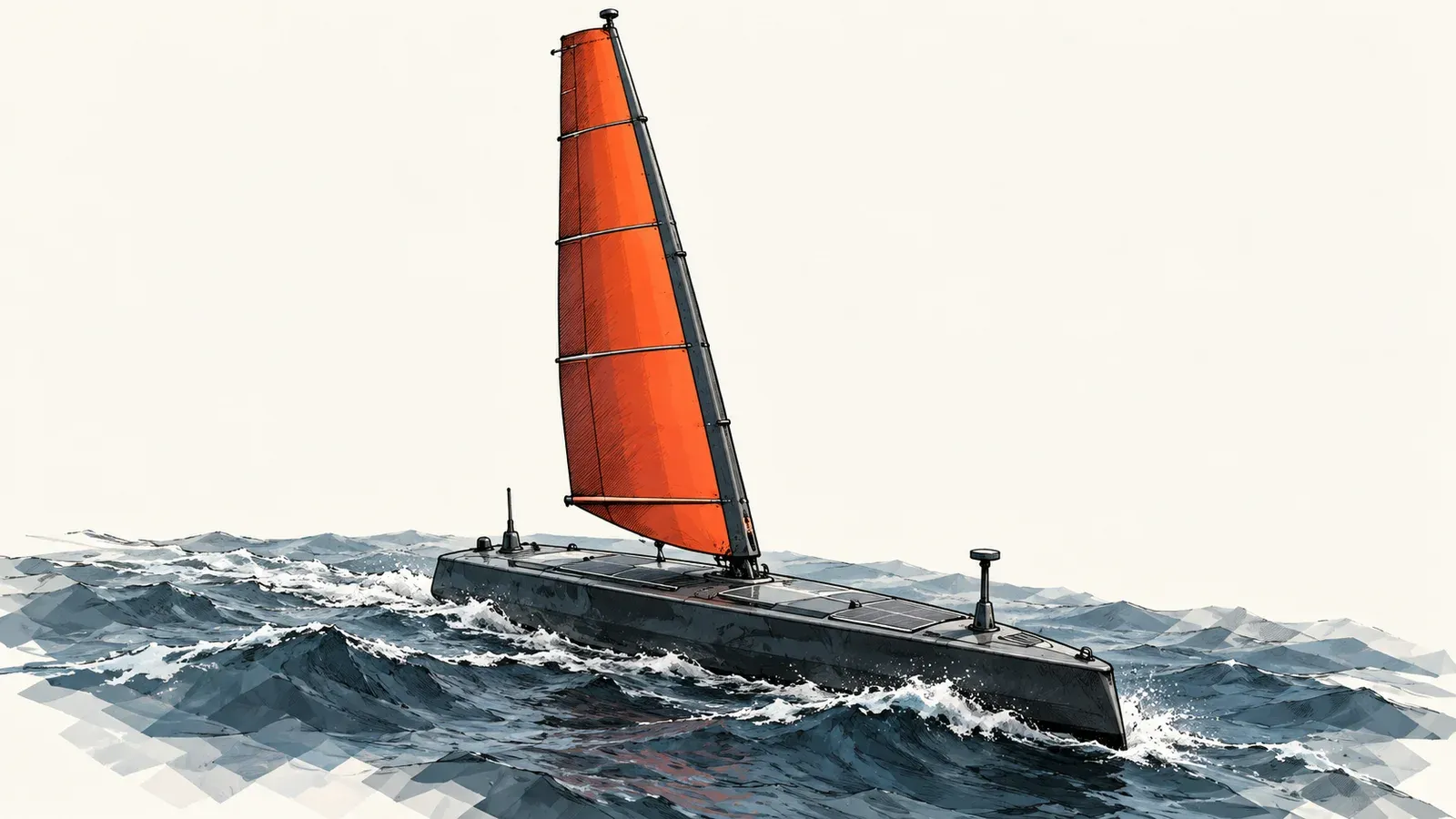 Illustration of a small uncrewed sailing vessel with a tall rigid wing crossing grey-blue water, on an off-white background