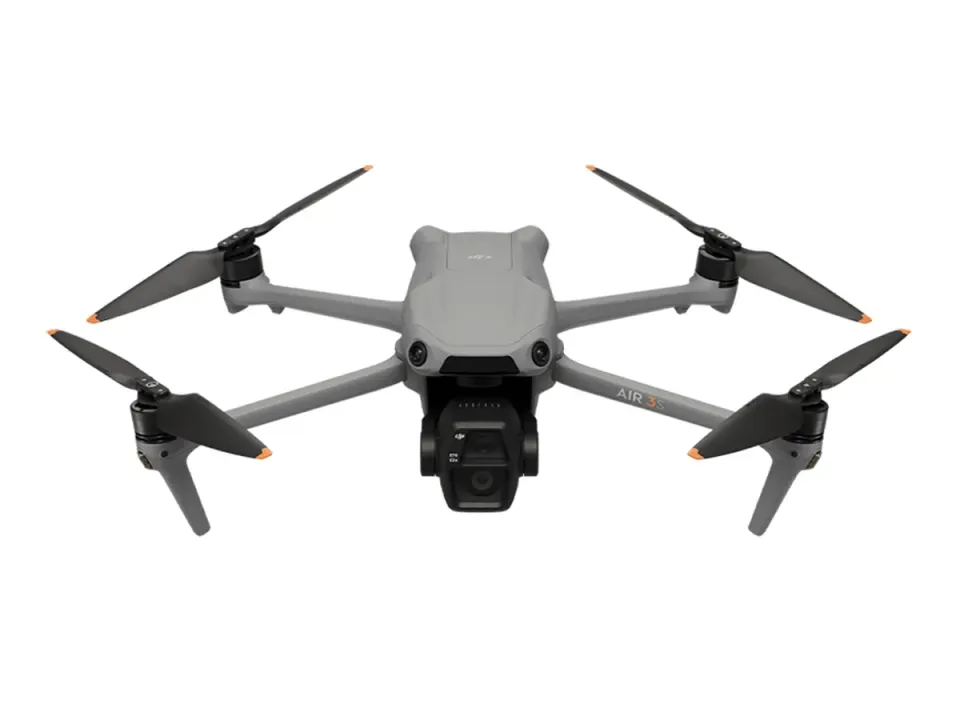 DJI Air 3S folding camera drone with its dual-camera gimbal, seen from the front
