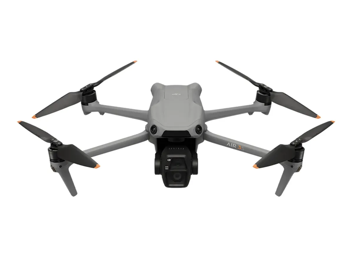 DJI Air 3S folding camera drone with its dual-camera gimbal, seen from the front