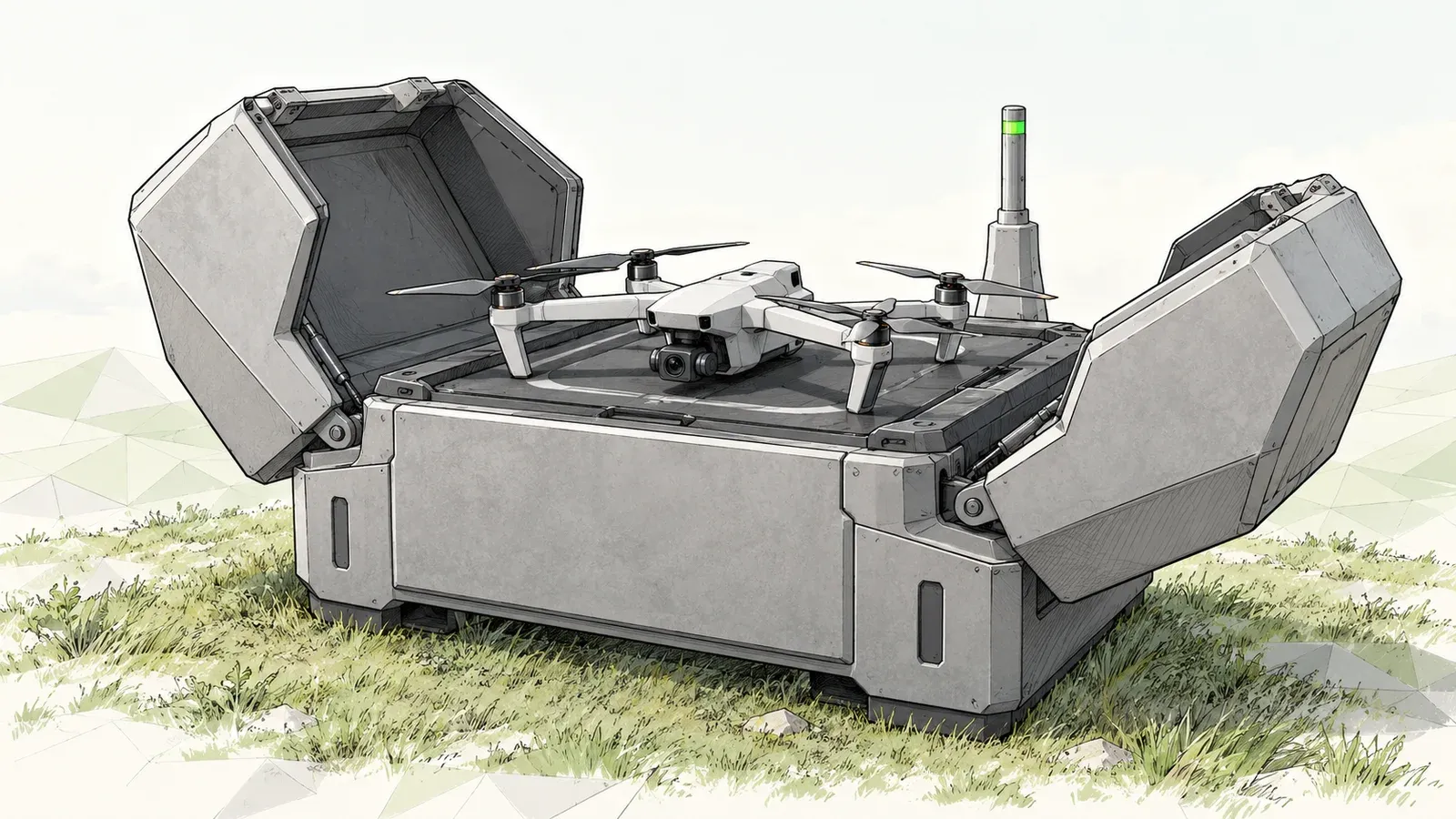 Illustration of a white quadcopter drone resting on the landing pad inside a grey weatherproof docking station with both lid halves open on a small patch of grass