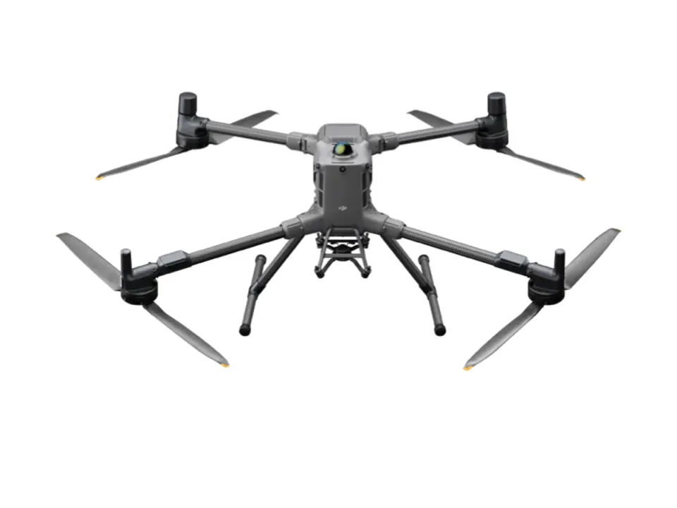 DJI Matrice 400 quadcopter with carbon arms unfolded, twin landing legs and a gimbal mount under the nose, on white