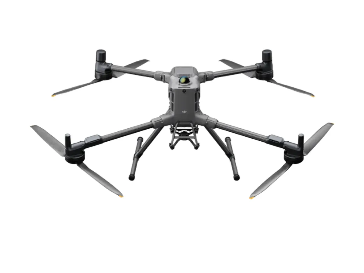 DJI Matrice 400 quadcopter with carbon arms unfolded, twin landing legs and a gimbal mount under the nose, on white