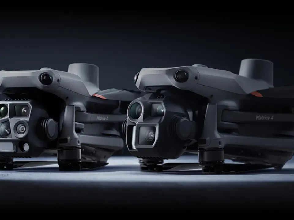 DJI Matrice 4T and Matrice 4E folded side by side, the 4T with its four-lens thermal gimbal at the front