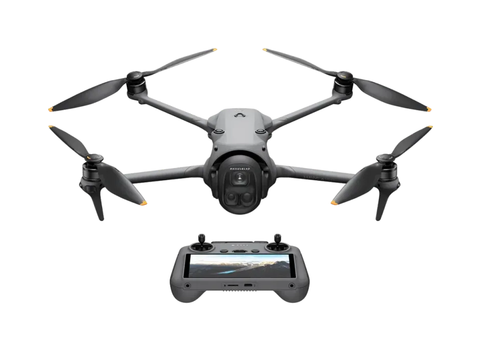 DJI Mavic 4 Pro folding camera drone with its three-camera Hasselblad gimbal